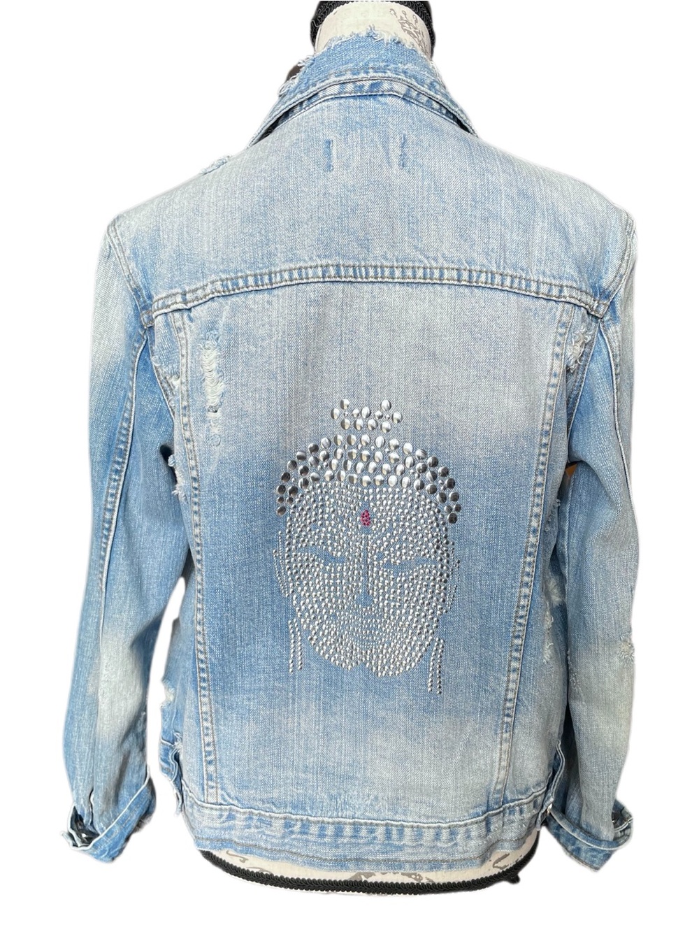 For The Republic Light Wash Distressed Denim Jacket Buddha Embellishment - M